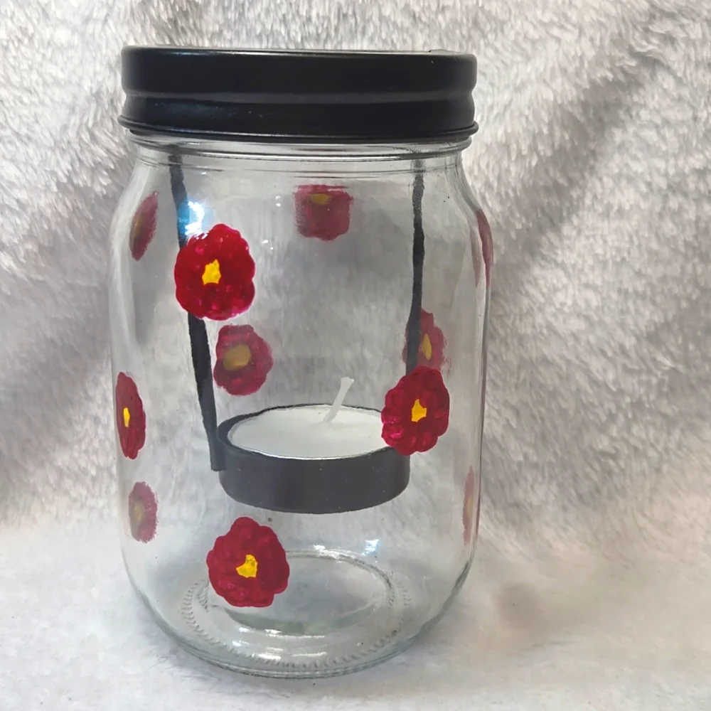Hand Crafted Floral Painted Glass Jars with Black Lids Candle Holder